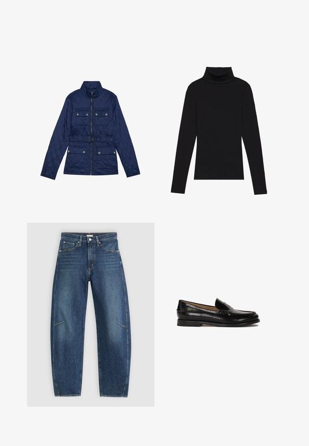 Mornarska prešita jakna z visokim ovratnikom, sprednjim zadrgo, dvema žepoma na prsih s poklopcem, pasom in strukturiranim rombastim vzorcem.; Črna majica s puloverjem in dolgimi rokavi, izdelana iz rebraste tkanine, ima prilegan kroj s visokim ovratnikom in brez vzorcev ali okrasnih elementov.; Temno modri traper hlače s ravno obliko, ki vključujejo sprednje žepe, kontrastne šive in subtilno zbledelo teksturo na nogah.; Črne usnjene loafers cipele z zaobljenim nosom, enostavno obuvanje in subtilne šive ob zgornjem delu. Ravna gumijasta podplata.