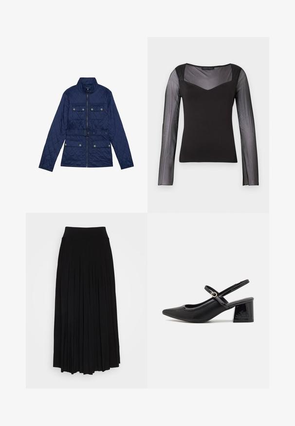 Navy quilted jacket with a high collar, front zipper, two chest pockets with flaps, belted waist, and textured diamond pattern.; Black long-sleeve top with sheer mesh sleeves and upper chest, solid bodice, square neckline, and fitted silhouette.; Black pleated skirt with a high, stretchy waistband. Made from soft fabric, featuring vertical pleats for a flowing silhouette.; Black patent leather slingback heels with a pointed toe, a rounded cutout design, and a block heel. Features a gold-tone buckle accent.