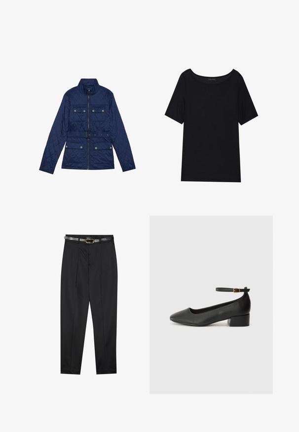 Jachetă cusută de marină, cu guler înalt, fermoar frontal, două buzunare la piept cu clapă, talie cu curea și model texturat în diamante.; Tricou negru cu mânecă scurtă și guler larg. Confecționat dintr-un material moale și ușor. Design simplu, fără modele sau accente.; Pantaloni negri dintr-un material neted, cu un talie ajustată și o curea gri texturată cu cataramă aurie. Picioare ușor conice.; Pantof cu toc negru din piele, cu vârf ascuțit și toc mic pătrat. Dispune de o curea la gleznă cu o cataramă în tonuri de aur. Textură netedă.