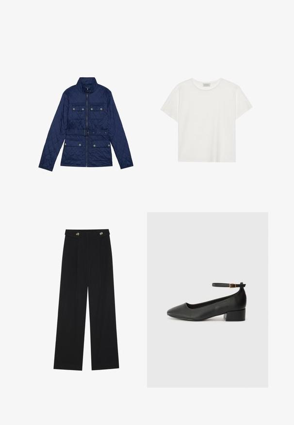 Ναυτικό επενδυμένο μπουφάν με ψηλό γιακά, μπροστινό φερμουάρ, δύο θηλάκια στήθους με καπάκια, ζώνη στη μέση και υφή με διαμαντένιο μοτίβο.; Λευκό κοντομάνικο T-shirt από μαλακό βαμβάκι. Διαθέτει στρογγυλή λαιμόκοψη και χαλαρή εφαρμογή. Καθαρός σχεδιασμός χωρίς ορατά σχέδια ή λεπτομέρειες.; Μαύρο παντελόνι φόρμας σε φαρδιά γραμμή με ψηλή μέση, κουμπιά στη μέση και πλαϊνές τσέπες.; Μαύρο δερμάτινο τακούνι με μυτερή μύτη και χαμηλό τετράγωνο τακούνι. Διαθέτει λουράκι στον αστράγαλο με χρυσό τόνο πόρπη. Λείο υφή.