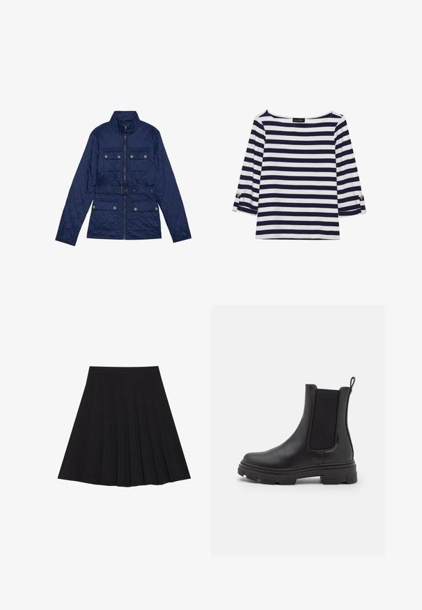 Navy quilted jacket with a high collar, front zipper, two chest pockets with flaps, belted waist, and textured diamond pattern.; Navy and white striped long-sleeve top with a boat neckline and gold-button accents on rolled sleeves. Soft fabric, relaxed fit.; Black pleated skirt made of textured fabric with a fitted waistband. Falls to knee length, featuring a smooth, clean silhouette.; Black leather ankle boot with elastic side panels, rounded toe, and textured rubber sole. Features a loop at the back for easy wear.