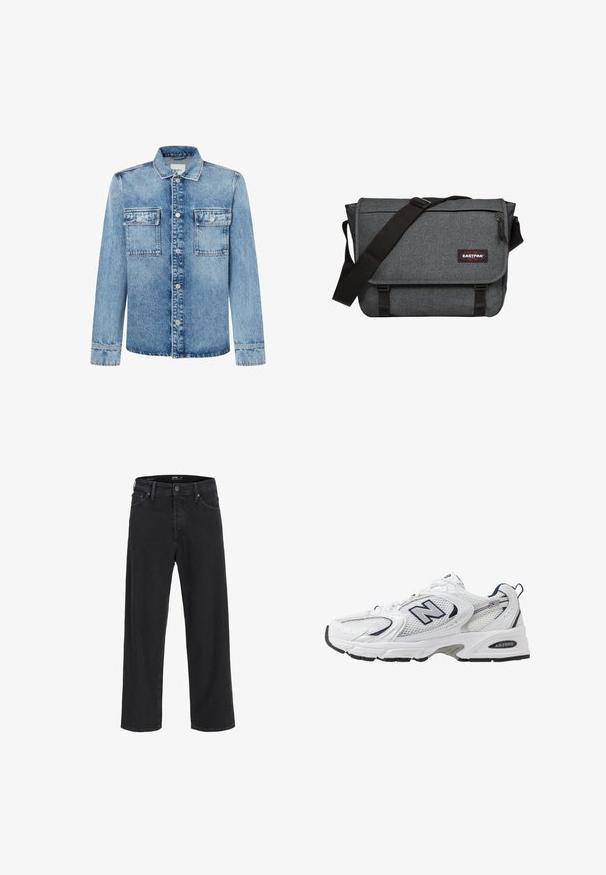 Sininen farkkutakki, jossa on pitkät hihat, kaulus, etupainonappikiinnitys ja kaksi rintataskua läpällä ja napeilla.; Vaaleansininen villatakki, jossa on teksturoitu neule ja valkoinen pilvimäinen kuvio. Pyöreä pääntie ja ribattu hihansuut sekä helma.; Mustat suorat farkut nappi- ja vetoketjukiinnityksellä, vyölenkeillä, sekä etu- ja takataskuilla.; Valkoinen urheilushoe, jossa on verkkomateriaali päällä, laivastonsiniset yksityiskohdat ja pehmeä pohja. Varustettu "N"-logolla, nauhoilla ja teksturoidulla yksityiskohdalla sivussa.; Harmaa viestintälaukku, jossa on teksturoitu kangas, musta hihna ja solkilukko. Siinä on logopatch ja etupuolelle ommeltu vetoketjullinen tasku.