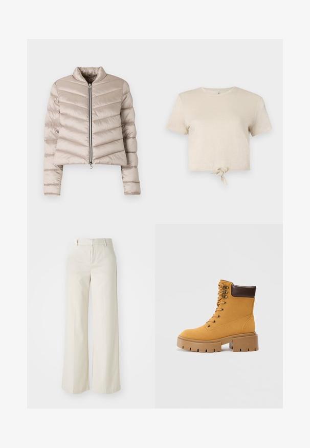 Heledbeez puffer-jakk, millel on lühike disain, horisontaalsed õmbluse jooned, kõrge krae ja eesmine lukuga sulejope.; Lühikeste varrukatega ja kumava kangaga beež lühike t-särk, mille hem on sõlmitud. Sile tekstuur ja ümar kaelus.; Laiad püksid helesbežis värvitoonis, valmistatud siledast kangast. Omavad klassikalist vööd ja siledat fronti puhaste joontega.; Kollane nahast pahkluboot pruunist nahast kraega, kuue kuldse silmaga ja pakse beeži tallaga, millel on mustrid haardeks.