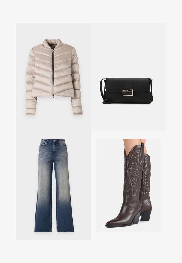 Light beige puffer jacket with a cropped design, featuring horizontal quilted lines, high collar, and a front zip closure.; White sleeveless tank top made of ribbed fabric, featuring a rounded neckline and a fitted silhouette, with minimal seams and no embellishments.; High-waisted wide-leg jeans in light to dark blue denim with fading, featuring a button closure and belt loops. Clean hem and no visible embellishments.; Brown leather cowboy boots with pointed toe and block heel, featuring detailed stitching and raised accents on the shaft.; Black leather clutch bag with a flap and a gold metal buckle detail. Includes a black strap and a sleek, minimalist design.