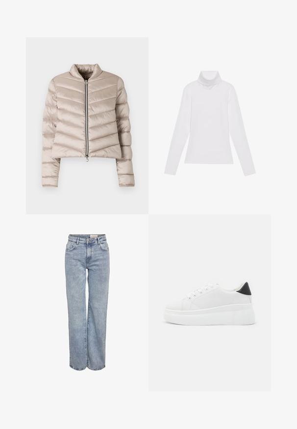 Világos bézs színű puffernadrág, crop szabással, vízszintes steppelt vonalakkal, magas gallérral és elől zippes záródással.; Fehér, hosszú ujjú, garbónyakú felső sima, rugalmas anyagból készült. Magas nyakkal és testhezálló fazonnal rendelkezik, látható minták vagy díszítések nélkül.; Világoskék, bő szárú farmernadrág, magas derékkal, öt zsebes kialakítással és finom kopással, amely megadja a viselt megjelenést.; Fehér platform sportcipők sima szintetikus anyagból, lekerekített orral, fűzős kialakítással és texturált gumitalppal. Fekete sarokdísz.