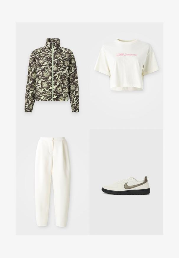 Jasje met bloemmotief in gedempt groen en zwart, voorzien van een staande kraag, rits aan de voorkant en elastische manchetten voor een getailleerde pasvorm.; Korte, crèmekleurige t-shirt van katoen. Heeft een roze geborduurd logo met de tekst "Nike Sportwear." Korte mouwen en een ronde halslijn.; Hoog-waisted witte tapered broek met een verborgen sluiting aan de voorkant en zijzakken, weergegeven tegen een effen witte achtergrond.; Nike Sportswear FIELD GENERAL - Sneakers laag - off-white/black
