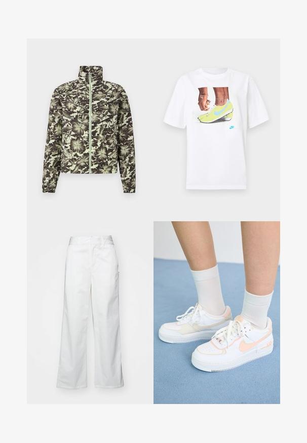Sako s květinovým vzorem v tlumené zelené a černé barvě, se stojáčkovým límcem, předním zipem a elastickými manžetami pro přiléhavý siluetu.; Bílý bavlněný tričko s grafikou nohou v žlutých kopačkách Nike s modrými akcenty, doplněné náramkem na levém zápěstí.; Bílé kalhoty s širokými nohavicemi vyrobené z bavlny, s hladkou texturou, rovný střih, přední kapsy a čistý lem.; Bílé tenisky s broskvovými akcenty, hladký kožený svršek, perforovaný špičkový díl, textura na podešvi a tkaničky. Nosič má na sobě bílé baseballové ponožky na modrém povrchu.