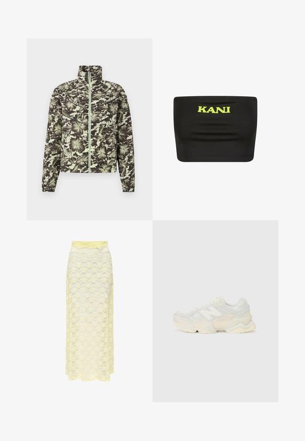 Ziedu raksta jaka bēšā un melnā krāsā, ar stāvošu apkakli, priekšējo rāvējslēdzēju un elastīgiem piedurkņu galiem, kas veido pieguļošu siluetu.; Melns bezlēcu tops izgatavots no elastīga auduma, kuram centrā ir liels neona dzeltena krāsas "KANI" logo. Gluda tekstūra ar minimālām šuvēm.; Dzeltena mežģīņu maksi svārki ar viļņotu rakstu, ar gludu jostu un maigu, caurspīdīgu tekstūru. Izstrādāti plūstošam siluetam.; Vieglas sporta apavus ar sieta un zamšādas augšdaļu maigos krēma tonī, ar masīvu zoli un trīsdimensionāliem akcentiem.
