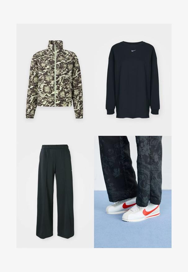 Sako s květinovým vzorem v tlumené zelené a černé barvě, se stojáčkovým límcem, předním zipem a elastickými manžetami pro přiléhavý siluetu.; Černé tričko s dlouhým rukávem vyrobené z bavlny s kulatým výstřihem. Na hrudi se nachází bílé logo Nike. Měkká textura, jednoduchý design.; Černé sportovní kalhoty s širokým střihem a elastickým pasem. Vyrobené z hladkého, pružného materiálu, s jemnými předními švy a bez kapes.; Bílé tenisky Nike s červenými akcenty, kombinované s černými kalhotami s květinovým vzorem. Povrch je hladký s plochou tkanou podrážkou.