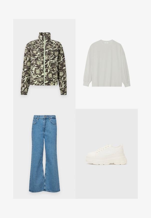 Gėlių rašto striukė, kuri yra pastelinių žalių ir juodų spalvų, su kaiščiu, priekine užtrauktuku ir elastinėmis rankogaliais, suteikiančiais figūrą akcentuojančią siluetą.; Šviesiai pilkas ilgomis rankovėmis marškinėliai, pagaminti iš minkštos medvilnės. Sukurtas laisvam prigludimui, apvaliu iškirpimu ir švelniai susigūžusiomis rankovėmis. Be raštų ar piešinių.; Šviesiai mėlynos flared džinsai, pagaminti iš džinsinio audinio, su aukštu liemeniu, penkiomis kišenėmis ir vienu mygtuko užsegimu. Minkštas paviršius su išblukusiu efektu.; Balti drobės sportbačiai su storu padu, apvalia nosimi ir penkiomis akytėmis raištams. Gale yra kilputė, kad būtų lengva užsidėti. Sklandus paviršius, minimalistinis dizainas.