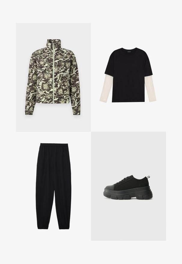 Virágmintás dzseki tompított zöld és fekete színben, álló gallérral, elöl cipzárral és rugalmas mandzsettákkal a karcsú fazonért.; Fekete pamut póló, rövid ujjal, fehér hosszú ujjú réteg fölött, finom textúrával. Kerek nyakkivágású dizájn.; Fekete, könnyű nadrág elasztikus derékkal és ráncolt bokákkal. Az anyag sima és laza, szűkített dizájnnal rendelkezik.; Fekete sportcipők vastag gumitalppal, texturált szövet felsőrésszel, kerek orral és fűzős kialakítással. Megerősített fűzőlyukakkal és hátsó húzófüllel rendelkezik.
