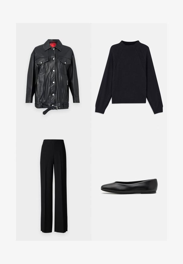 Black leather jacket with a collar, silver snap buttons, two front pockets, side zipper pockets, and a belted waist. Red inner label.; Dark navy sweater with a round neckline, long raglan sleeves, ribbed cuffs, and a straight hem. Made from a soft, textured knit material.; Black wide-leg trousers with a smooth texture, featuring a high waistband and center pleats. No visible patterns or hardware details.; Paul Smith TOPANGA - Ballet pumps - black