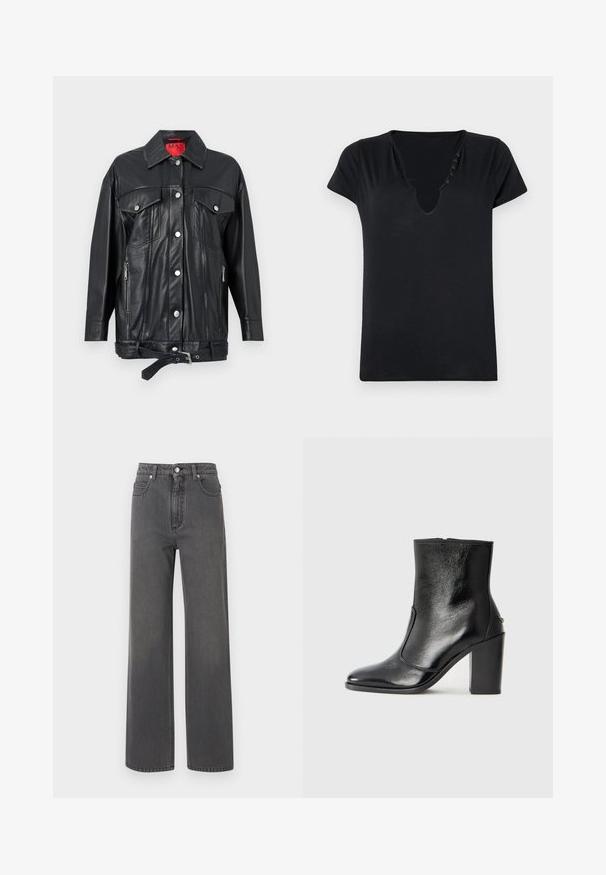 Jaqueta de couro preta com colarinho, botões de pressão prateados, dois bolsos frontais, bolsos laterais com zíper e cintura com cinto. Etiqueta interior vermelha.; T-shirt preto de manga curta com um decote em V profundo e cinco botões decorativos ao longo do decote. Tecido suave com um corte relaxado.; Jeans de denim cinza de perna larga, com cintura alta, fechamento frontal com botão e costura em contraste. Apresenta dois bolsos laterais e uma textura suave.; Bota ankle preta em pele com uma textura suave, bico fino e um salto alto robusto. Apresenta uma abertura lateral e um design minimalista.