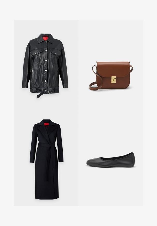 Μαύρο δερμάτινο μπουφάν με γιακά, ασημένιες κουμπότρυπες, δύο μπροστινές τσέπες, τσέπες με φερμουάρ στα πλάγια και ζώνη στη μέση. Κόκκινη εσωτερική ετικέτα.; Άσπρο κοντομάνικο μπλουζάκι φτιαγμένο από ριγέ ύφασμα. Στρογγυλή λαιμόκοψη, κανονική εφαρμογή και διακριτές λεπτομέρειες ραφής. Χωρίς σχέδια ή γραφικά.; Μαύρο παλτό με μακριά μανίκια, σχέδιο τύπου περιτυλίγματος και ταιριαστό ζώνη. Φτιαγμένο από λείο ύφασμα, διαθέτει κολάρο με εγκοπή και πλαϊνές τσέπες.; Μαύρο δερμάτινο μπαλαρίνι με στρογγυλή μύτη, λεία υφή, ελάχιστες λεπτομέρειες ραφής και σχεδίαση ευέλικτης σόλας.; Καφέ δερμάτινη τσάντα χειρός με κλείσιμο καπάκι, χρυσές λεπτομέρειες, ιμάντα ώμου και λεία υφή. Συμπαγές ορθογώνιο σχήμα.