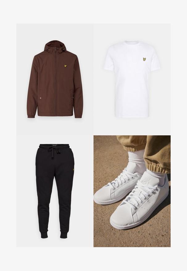 Lyle & Scott - Kurtka wiosenna; Biała bawełniana koszulka z krótkim rękawem, z małym czarnym i żółtym haftowanym logo na lewej piersi. Okrągły dekolt.; Czarne bawełniane spodnie dresowe z elastycznym pasem, sznurkiem do regulacji i ściągaczami na nogawkach. Zawierają małe żółte logo na lewej udzie.; Białe skórzane sneakersy o gładkiej powierzchni, z klasycznym sznurowaniem, perforacjami zapewniającymi oddychalność oraz teksturowaną gumową podeszwą.