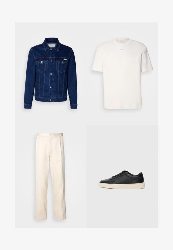 Σκούρο μπλε τζην μπουφάν με κλασική γραμμή, που διαθέτει δύο μπροστινές τσέπες, κουμπιά με φερμουάρ και επώνυμη ετικέτα στο αριστερό στήθος.; Λευκό βαμβακερό T-shirt με στρογγυλή λαιμόκοψη, κοντά μανίκια και κεντημένο λογότυπο "Calvin Klein" στο κέντρο του στήθους. Απλή σχεδίαση.; Μπεζ βαμβακερό παντελόνι με ίσια γραμμή, διαθέτει κουμπί κλεισίματος και πτυχές στο μπροστινό μέρος για επιπλέον λεπτομέρεια.; Μαύρο δερμάτινο σνίκερ χαμηλού προφίλ με μαύρες κορδόνες και ελαφρώς λευκή σόλα, εμφανίζεται σε πλάγια προφίλ σε λευκό φόντο.