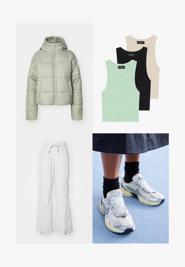 Podložena, skrajšana jakna v svetlo zeleni barvi s kapuco. Ima dva sprednja žepa in zadrgo. Odsevni Nike logo na levem prsnem delu.; Tri tanke s kratkimi rokavi v mint zeleni, črni in bež barvi; narejene iz rebrastih tkanin z okroglim izrezom in brez rokavov. Vidna oznaka blagovne znamke.; Svjetlosivi cargo hlače od teksturirane tkanine, s elastičnim pojasom i vezicom, bočnim džepovima i patentnim zatvaračem na gležnjevima.; Bele in srebrne Nike teniske z mrežasto tkanino, refleksnimi poudarki in bež podplatom. Nosi se z črnimi nogavicami, stoji na modri površini.