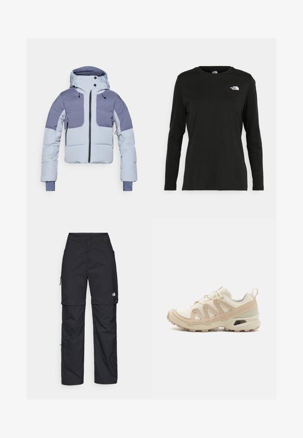 Jasnoniebieska kurtka puchowa z kapturem, pionowym zamkiem z przodu oraz kontrastującymi ciemnoniebieskimi panelami na ramionach i rękawach. Teksturowany materiał.; Czarna koszulka z długim rękawem z bawełny z okrągłym dekoltem. Posiada niewielkie białe logo po lewej stronie na piersi. Prosty design i fason.; Czarne nylonowe spodnie cargo z odpinanymi nogawkami, regulowanymi mankietami, wieloma kieszeniami oraz logo na prawej nogawce. Gładka, lekka tekstura.; Beżowe i kremowe buty sportowe z teksturowanej siateczki, wspierającymi nakładkami oraz gumową podeszwą z wzorem bieżnika zapewniającym przyczepność.