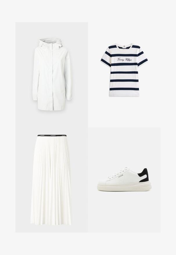 Giacca impermeabile bianca con zip frontale completa, cappuccio regolabile, polsini elastici e tasche laterali. Texture liscia, design leggero.; T-shirt in cotone con righe orizzontali blu navy su sfondo bianco. "Tommy Hilfiger" ricamato in corsivo sul petto. Collo a giro.; Gonna bianca plissettata con elastico nero in vita che presenta il logo "LACOSTE". Design di lunghezza media con texture morbida.; Sneaker bianchi in pelle con suola spessa bianca, accento in suede nero sul tallone e logo impresso sul lato. Design con lacci e sei fori per i lacci.