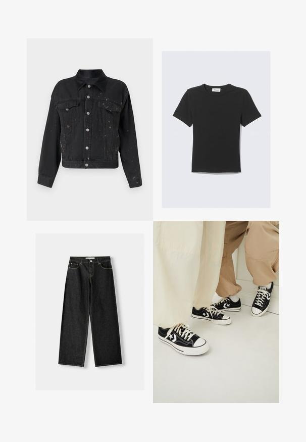 Črna jeans jakna s skrajšanim krojem, dvema žepoma na prsi, srebrnimi gumbi in diskretno pršenjem barve. Ima špicasto ovratnico in dolge rokave.; Črna kratka majica s kratkimi rokavi iz mehke bombažne tkanine, s krožnim izrezom okoli vratu in običajnim krojem, brez vidnih vzorcev ali poudarkov.; Črne široke jeans hlače iz denima vključno s petimi žepi, kovinsko gumbo in zadrgo ter kontrastnimi rumenimi šivi ob šivih.; Črne platnene superge z belimi gumijastimi podplati, ki imajo bele zvezdaste akcentne dodatke in črne vezalke, v kombinaciji s svetlo bež in kremnimi hlačami.