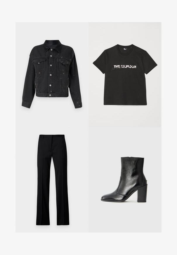 Casaco de ganga preto com um corte cropped, dois bolsos no peito, botões prateados e detalhes subtis de respingos de tinta. Apresenta um colarinho pontiagudo e mangas longas.; T-shirt de algodão preto com mangas curtas, apresentando um design impresso em branco e cinza "THE 2LOOK" na parte da frente. Gola redonda clássica.; Calças pretas de perna reta em tecido suave, com frente lisa, passantes para cinto e sem bolsos ou adornos visíveis.; Bota ankle preta em pele com uma textura suave, bico fino e um salto alto robusto. Apresenta uma abertura lateral e um design minimalista.