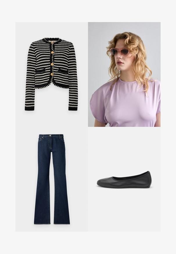 Vanessa Bruno DAYA - Bomber bunda - noir/ecru; Bílá bavlněná tričko s kulatým výstřihem a krátkými rukávy, s uvolněným střihem a minimalistickým designem. Štítek je viditelný na krku.; Tmavě modré zvonové džíny vyrobené z denimu, s pěti kapsami, poutky na opasek a kontrastním žlutým prošíváním podél švů.; Černé kožené baletní byty s kulatou špičkou, hladkou texturou, minimálními švy a flexibilním designem podrážky.; Růžově zabarvené sluneční brýle s geometrickým rámem, doplněné o měkký levandulový top s kulatým výstřihem a krátkými rukávy.