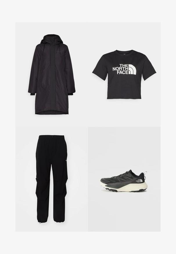 Parka nera impermeabile con chiusura a zip e bottoni a pressione, cappuccio con cordoncino e tasche laterali. Presenta maniche lunghe e rette e un design di lunghezza media.; Maglietta nera corta in cotone, con un logo bianco con accenti curvi e testo "THE NORTH FACE" sul davanti. Maniche corte, colletto alla marinara.; Pantaloni neri da esterno realizzati in materiale resistente, con vestibilità rilassata, cintura elastica e polsini regolabili per lunghezza adattabile.; Scarpa da ginnastica nera con tomaia testurizzata, con accenti grigi e un sottopiede bianco. Include una linguetta sul retro e un logo del marchio ben visibile sul tallone.