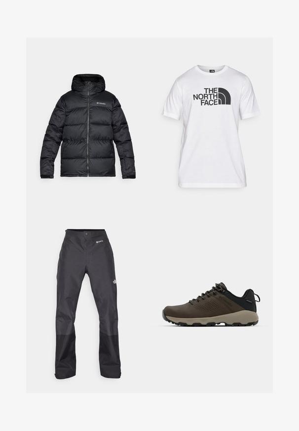 Schwarze Daunenjacke mit Kapuze, ausgestattet mit einem gesteppten Design, Reißverschluss vorne und Columbia-Logo auf der Brust. Glatte Textur und warme Isolierung.; Weißes Baumwoll-T-Shirt mit einem schwarzen Grafikdruck, der Text und ein geschwungenes Logodesign zeigt. Runder Halsausschnitt und kurze Ärmel. Schlichte Textur.; Schwarze wasserdichte Hose mit glatter Textur, ausgestattet mit einem GORE-TEX-Logo auf der Vorderseite und verstärkten Unterschenkeln für zusätzliche Haltbarkeit.; Braune wasserdichte Sneakers mit einer strukturierten Oberseite, perforierten Akzenten, schwarzem Fersenschutz und einer grauen Gummisohle. Die Schnürsenkel sind mit metallischen Enden gestaltet.