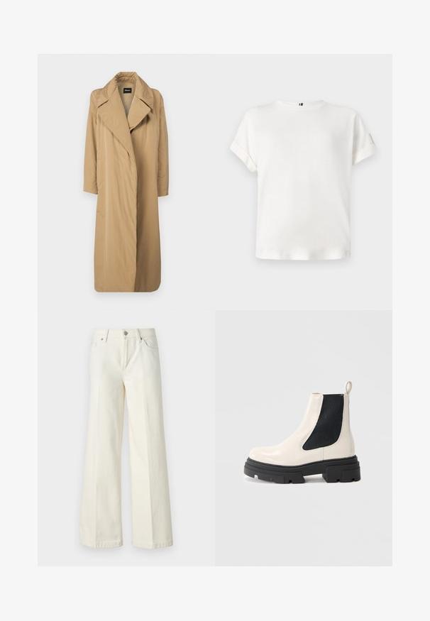 Μακρύ μπεζ παλτό με φαρδύ γιακά και ανοιχτό μπροστινό μέρος. Φτιαγμένο από λείο, ελαφρύ ύφασμα με χαλαρή εφαρμογή και χωρίς ορατές κλείστρα.; Λευκό κοντομάνικο μπλουζάκι με στρογγυλή λαιμόκοψη και γυριστά μανίκια, φτιαγμένο από μαλακό ύφασμα, με μια διακριτική λογότυπη λεπτομέρεια κοντά στο τελείωμα.; Φαρδιά λευκά τζιν από μείγμα βαμβακιού. Διαθέτουν φερμουάρ, πέντε τσέπες και ραφή κατά μήκος των ραφών.; Κρέμ δερμάτινη μπότες Chelsea με χοντρή μαύρη σόλα και ελαστική μαύρη πλευρική πάνελ σε λευκό φόντο.