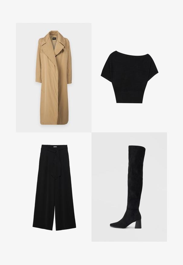 Palton lung bej, cu guler lat și deschis în față. Fabricat dintr-un material fin, ușor, cu o croială lejeră și fără închideri vizibile.; Anna Field Tricou cu imprimeu - black; Pantaloni largi negri dintr-un material texturat, cu un tiv elastic și o panglică detașabilă la talie pentru un fit ajustabil.; Cizme negre din suede, cu toc bloc, vârf ascuțit și un design neted, fără cusături, pe un fundal deschis.