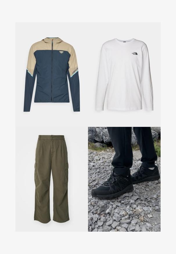 Lichtgewicht jack in marineblauw en beige, met een ritssluiting aan de voorkant, capuchon en logo-detail. Glad textuur met een kleurgebroken ontwerp.; Witte lange mouwen T-shirt gemaakt van katoen met een ronde hals. Beschikt over een klein zwart logo op de borst. Soepele textuur, normale pasvorm.; Cargo broek in olijfgroen, gemaakt van katoen, met een wijd broekontwerp, plooien en zijzakken voor utility.; Zwarte buitenschoenen van mesh en synthetisch materiaal, met een gestructureerd bovenwerk, een beveiligd vetersysteem en een robuuste zool, op een ruig terrein.