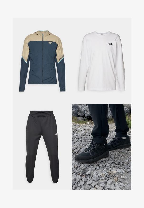 Leichte Jacke in Marineblau und Beige, mit Reißverschluss vorne, Kapuze und Logodetail. Glatte Textur mit farblich abgesetztem Design.; Weißes langärmliges T-Shirt aus Baumwolle mit Rundhalsausschnitt. Verfügt über ein kleines schwarzes Logo auf der Brust. Glatte Textur, reguläre Passform.; Schwarze Jogginghose mit verstellbarem Bund, schlanker Passform, elastischen Bündchen und einem kleinen weißen Logo am linken Oberschenkel, hergestellt aus glattem Stoff.; Schwarze Outdoor-Schuhe aus Mesh und synthetischem Material, mit einer strukturierten Oberseite, gesichertem Schnürsystem und griffiger Laufsohle, auf felsigem Gelände.