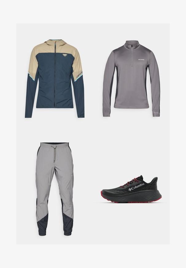 Kevyt takki tummansinisessä ja beigemässä värissä, jossa on vetoketjukiinnitys, huppu ja logotieto. Tasainen pinta ja värilohko design.; Harmaa pitkähihainen vetoketjullinen neule, jossa on teksturoitu kangas, kontrastiväriset mustat sivupaneelit ja pieni logo rinnassa.; Kevyet, harmaat urheiluhousut mustilla yksityiskohdilla. Joustava vyötärö, nyöri sulkeminen, kapeat lahkeet ja sivutaskut.; Musta urheilukenkä, jonka pinnassa on tekstuuri, punaiset nauhat ja logo. Paksu pohja, jossa on kuvioitu pito. Minimalistinen muotoilu, sivunäkemys.