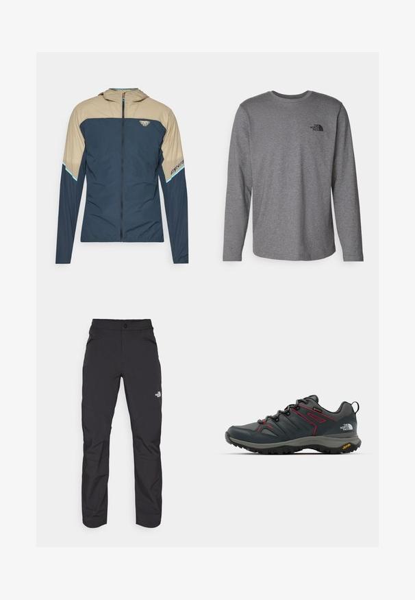 Lightweight jacket in navy blue and beige, featuring a zip front, hood, and logo detail. Smooth texture with color-blocked design.; The North Face M L/S SIMPLE DOME TEE - Long sleeved top - medium grey heather; Black outdoor pants with a zippered front pocket, synthetic material, tapered legs, and reinforced knee panels. Features a button closure.; Gray hiking shoe with red accents, mesh and synthetic upper, lacing system, and Vibram outsole for traction. Features Gore-Tex for water resistance.