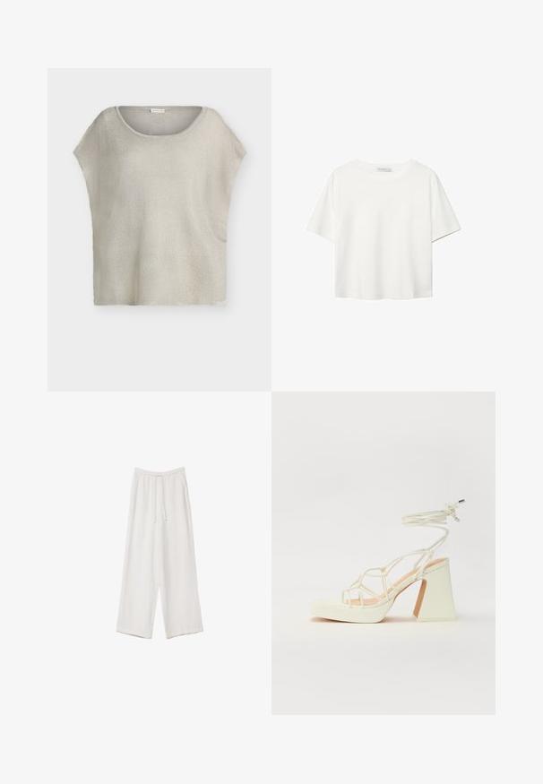 Top in maglia di colore grigio chiaro, dalla vestibilità ampia, con scollo arrotondato e maniche corte. Tessuto testurizzato con una leggera lucentezza e dettaglio di frange all'orlo.; T-shirt bianco a maniche corte realizzato in cotone. Presenta un collo tondo e una vestibilità rilassata. Texture liscia senza motivi o dettagli visibili.; Pantaloni a gamba larga bianchi realizzati in un tessuto leggero. Presentano una vita elastica con cordoncino e tasche laterali. Texture liscia.; Sandalo bianco con tacco alto, caratterizzato da un design a cinturini e un legaccio alla caviglia. Texture liscia con una piattaforma frontale per un'altezza aggiuntiva.