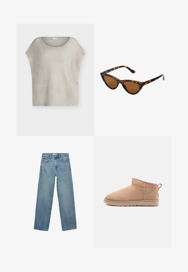 Lichtgrijs, loszittend gebreid topje met een ronde halslijn en korte mouwen. Gestructureerde stof met subtiele glans en franjerand aan de zoom.; Bruine coltrui met lange mouwen, gemaakt van zachte stof. Heeft een aansluitende kraag en een relaxte pasvorm, met een rechte zoom aan de onderkant.; Lichtblauwe spijkerbroek met een rechte pijp, hoge taille, vijf zakken en contrasterende stiksels. Geen versieringen of patronen aanwezig.; Tan suède enkellaars met een afgeronde neus, zachte textuur, eenvoudig ontwerp en een laag profiel rubberen zool. Voorzien van een trekhaak aan de achterkant.; Cat-eye zonnebril met een zwart en oranje schildpadframe, bruine lenzen en slanke, puntige uiteinden. Bevat een minimalistisch logo op de poot.; Bruine suede schoudertas met een gestructureerde afwerking, een gouden kettingaccent en een verstelbare leren schouderband. Voorzien van een ritsluiting.