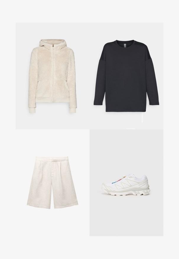 Fleece-Zip-Hoodie in hellbeige mit strukturiertem Stoff, vorderen Taschen und gerippten Bündchen und Saum. Verfügt über eine Kapuze und einen goldenen Reißverschluss.; Schwarzes langärmliges T-Shirt aus weichem Stoff, mit runder Halslinie und lässigem Schnitt, mit überschnittenen Schultern und ohne Muster.; Beige Leinenbermudas mit weitem Bein, versehen mit Vorderfalten und glattem Bund. Der Stoff hat eine leicht strukturierte Oberfläche.; Weiße Sportlich-Schuh mit strukturiertem Mesh-Obermaterial, reflektierenden Akzenten und einer gepolsterten Sohle. Auffälliges Markenlogo an der Seite.