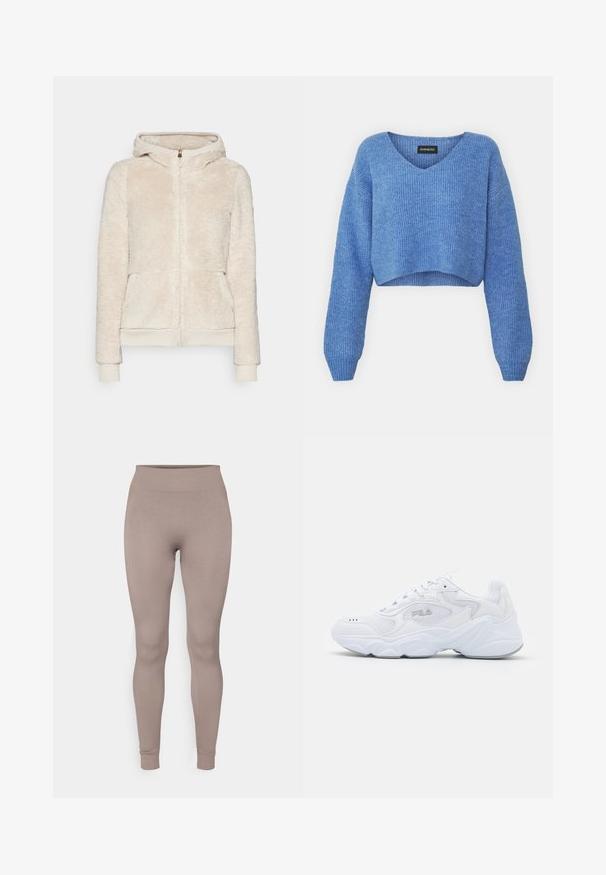 Flisna zip-up jopica v svetlem bež odtenku z teksturirano tkanino, sprednjimi žepi ter rebrastimi manšetami in robom. Ima kapuco in zlat zadrgo.; Modra skrajšana jopica z V-izrezom, rebrasto teksturo in dolgimi rokavi. Narejena iz mehkega materiala. Oznaka: even&odd.; Rebraste nogavice v mehki taupe barvi, z visokim pasom, ožjim krojem in zoženimi gležnji. Narejene so iz teksturirane, raztegljive tkanine.; Bela športna obuvala z teksturirano mrežasto zgornjico, oblazinjeno obrobo in debelim podplatom. Ima logotip ob strani in vezalni sistem.