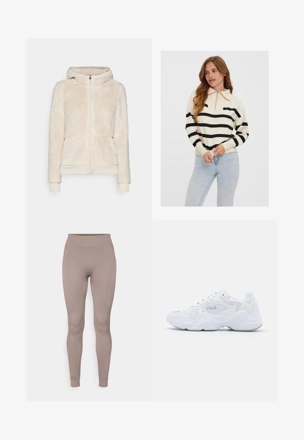 Gaiši bejā flīsa kapuce ar teksturētu audumu, priekšējiem kabatām un ribotām aprocēm un apakšmalu. Iespējota kapuce un zelta rāvējslēdzis.; Kremkrāsas džemperis ar melniem horizontālajiem svītrām, pus-zips apkakle un ribota piedurkne, apvienots ar gaiši ziliem džinsiem.; Ribotas legingi maigos taupe krāsā, ar augstu jostu, piegulošu piegriezumu un sašaurinātiem potītes galiem. Izgatavoti no teksturēta, elastīga auduma.; Baltā sportiskā apava ar struktūrētu tekstila virsu, mīkstu apkakli un masīvu zoli. Iezīmēta ar logotipu sānos un auklām.