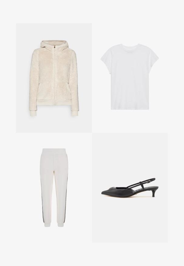 Hanorac din fleece cu fermoar, de culoare bej deschis, cu țesătură texturată, buzunare frontale și manșete și tiv cu nervuri. Dispune de glugă și închidere cu fermoar aurie.; Tricou scurt alb, cu mânecă scurtă și guler rotund, cu o croială relaxată, realizat dintr-un material din bumbac moale. Textură netedă, fără modele sau logo-uri.; Pantaloni de jogger albi dintr-un material moale, cu un tiv ribat și dungi negre pe laterale, având un detaliu cu logo în față.; Pantofi slingback negri cu vârf ascuțit, realizați dintr-un material neted, având un toc mic și un accent decorativ argintiu pe pieptul piciorului.