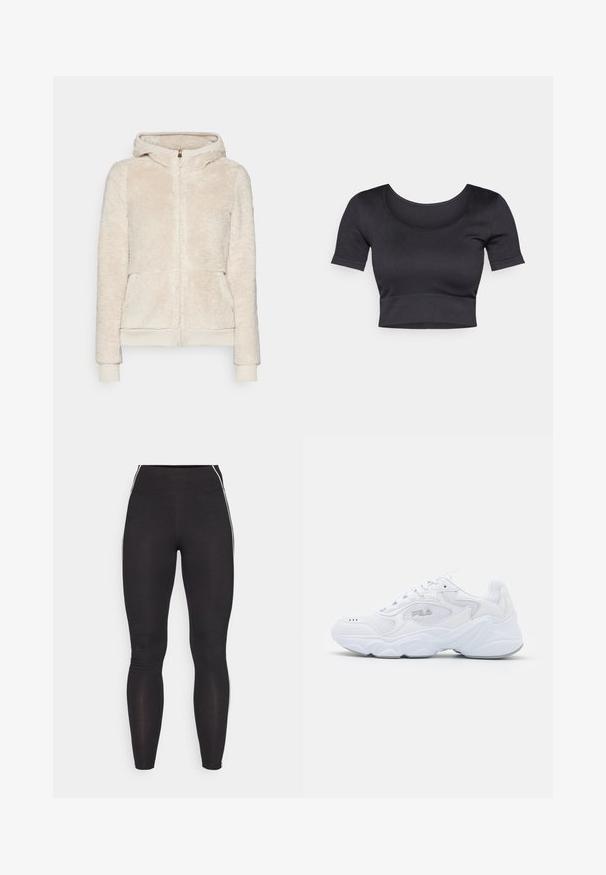 Hanorac din fleece cu fermoar, de culoare bej deschis, cu țesătură texturată, buzunare frontale și manșete și tiv cu nervuri. Dispune de glugă și închidere cu fermoar aurie.; Top crogat negru cu nervuri, cu mâneci scurte, guler larg rotund și o bandă ajustată la baza acestuia. Textură moale, design casual.; Legginguri negre dintr-un material elastic, cu un talie înaltă. Au dungi laterale albe și o textură netedă pe toată suprafața.; Să nu îți lipsească adidașii albi cu un superior din plasă texturată, guler captusit și talpă chunky. Acestea au un logo pe lateral și sistem de prindere cu șireturi.