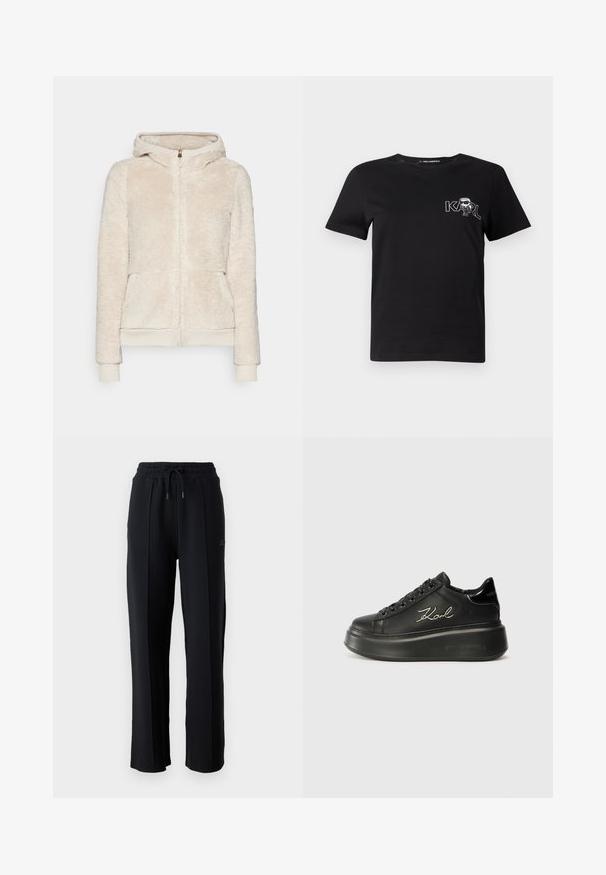 Švarkelis su užtrauktuku iš vilnos, šviesiai kreminės spalvos, su tekstūruota medžiaga, priekinėmis kišenėmis bei ribota apykakle ir apačia. Turi gobtuvą ir aukso spalvos užtrauktuką.; Juodas trumpomis rankovėmis marškinėliai, pagaminti iš medvilnės. Puošia balta grafika su tekstu "KARL" ir stilizuotu figūra ant krūtinės. Apvalus iškirpimas.; Juodi sportiniai džinsai su laisvu siluetu, elastine juosmeniu, reguliuojamu raiščiu ir vertikaliomis siūlėmis palei kojas. Minkšta audinio tekstūra.; Juodi platforminiai sportbačiai su lygiu odiniu viršumi, plokščiomis raištelėmis ir išsiuvinėtu "Karl" logotipu šone. Apvalūs pirštai ir storas padas.