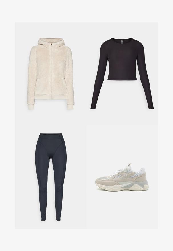 Fleece zip-up hette i lys beige med teksturert stoff, frontlommer, og ribbestrikkede mansjetter og hem. Har hette og gull glidelås.; Svart langermet crop-top laget av ribbestrikket stoff. Har rund halslinning og tettsittende silhuett med teksturert overflate.; Høytlivs sorte leggings laget av elastisk stoff, med sømløse sider og tettsittende design for komfort og bevegelighet.; Beige og hvite joggesko laget av semsket lær og mesh, med en kraftig såle, snøring, og en logo på siden.
