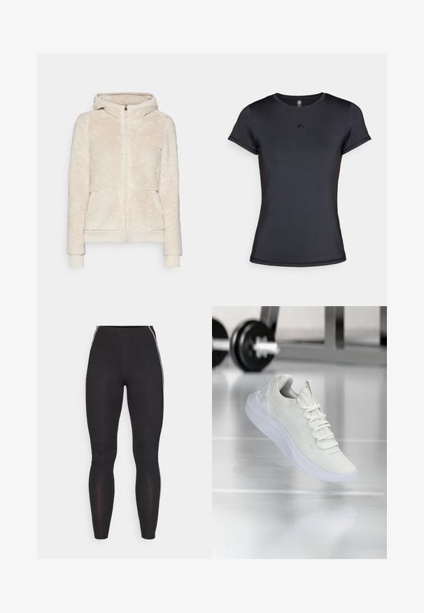 Fleece zip-up hette i lys beige med teksturert stoff, frontlommer, og ribbestrikkede mansjetter og hem. Har hette og gull glidelås.; Svart kortermet t-skjorte laget av glatt, pustende stoff med et minimalistisk logo-design på fronten. Klassisk rund hals.; Svart tights laget av elastisk materiale med høy midje. Har hvite side-striper og en jevn tekstur gjennom hele.; Hvit atletisk sneaker med et teksturert mesh-overdel og snøring, med en polstret hvit såle og subtile ribbede detaljer.