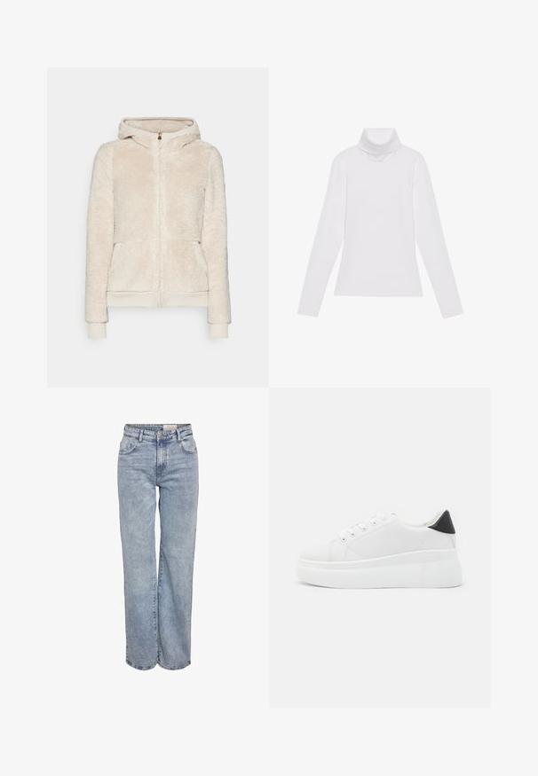 Flisna zip-up jopica v svetlem bež odtenku z teksturirano tkanino, sprednjimi žepi ter rebrastimi manšetami in robom. Ima kapuco in zlat zadrgo.; Bela dolga majica s turtleneck ovratnikom, izdelana iz gladke, raztegljive tkanine. Ima visok ovratnik in prilega telesu, brez vidnih vzorcev ali okrasitev.; Svjetloplave široke traperice od denima, sa visokim strukom, dizajnom s pet džepova i suptilnim blijeđenjem za izgled nakon nošenja.; Bele platform tenisice izdelane iz gladkega sintetičnega materiala, z zaobljenim prstom, sistemom vezalk in teksturiranim gumijastim podplatom. Črn dodatek na peti.