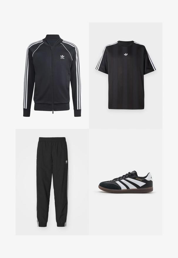 Juodas užtrauktuku užsidėtas džemperis, pagamintas iš minkštos medžiagos, su trimis baltomis juostelėmis ant kiekvienos rankovės ir baltu Adidas logotipu krūtinėje.; Juodas trumpomis rankovėmis marškinėliai su balta trimis juostelėmis ant pečių ir mažai balta logotipo krūtinėje. Lygus audinio tekstūra.; Juodos sportinės kelnės su elastinga juosmens juosta ir užsegimais, turinčios baltas šonines juostas ir mažą baltą Adidas logotipą kairėje šlaunies pusėje.; Juodos ir baltos sportinės bateliai su zomšos ir sintetinio paviršiaus, su trimis išskirtinėmis baltomis juostelėmis, guminis padas ir auksinis "Predator" tekstas.