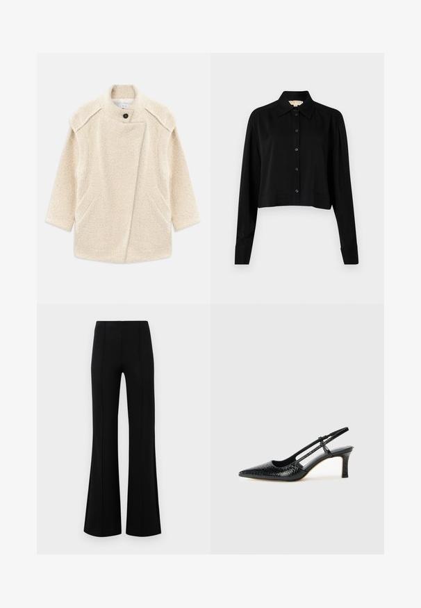 Abrigo de lana color crema con un acabado texturizado, que presenta un cuello alto, cierre de un solo botón y bolsillos laterales. Diseño de corte recto.; Camisa negra corta con mangas largas, cuello puntiagudo y botones en la parte delantera. Fabricada en un tejido suave con un corte holgado y mangas con puños.; Pantalones acampanados negros de cintura alta, fabricados en tejido elástico. Presentan detalles de costura vertical en la parte delantera y una textura suave.; Tacón slingback negro de charol con punta afilada, que presenta un estampado de serpiente texturizado, correa ajustable y un tacón bloque corto y texturizado.