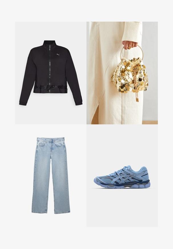 Sort zip-jakke med høj krave, elastiske ærmer og snoretræk i bunden. Har et reflekterende logo på brystet. Glat stof.; Beige sweater lavet af blødt materiale, med lange ærmer, en rund halsudskæring og en asymmetrisk knaplukning foran.; Lys blå denim jeans med bred bendesign, med en knap- og lynlåslukning, fem lommer og minimale syninger.; ASICS SportStyle GEL CUMULUS 16 UNISEX - Sneakers - stone wash/independence blue; Guld paliettrækkevogn med et cirkulært håndtag, der har skinnende runde paljetter og et tekstureret stof. Dimensioner er ikke angivet.