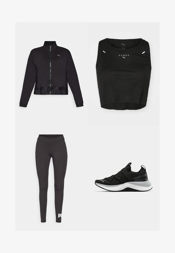 Svart zip-up jacka med hög krage, elastiska ärmslut och dragsko i nederkant. Har en reflekterande logga på bröstet. Slät tyg.; Svart kortärmad crop-top i texturerad tyg, med rund halsringning, vitt logotyp och två små reflekterande detaljer på axlarna.; Svarta leggings gjorda av elastiskt tyg, med hög midja och en vit logotyp tryckt på nedre vänstra benet. Slät textur.; Svart sportskor med en texturerad ovandel, elastiska remmar och en tjock vit mellansula. Har en grå accent längs sulan.