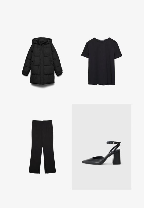 Czarna pikowana kurtka puchowa z kapturem, z przeszywanymi panelami, przednim zamkiem błyskawicznym, dwoma bocznymi kieszeniami i regulowanymi ściągaczami.; Prosta, krótko rękawowa czarna koszulka bawełniana z okrągłym dekoltem, prezentowana na białym tle.; Czarne spodnie o prostym kroju, z przednimi kieszeniami i bocznymi rozcięciami na dole. Wykonane z miękkiego, gładkiego materiału. Odpowiednie na różne okazje.; Czarne skórzane czółenka z ostrym noskiem, z paskiem na kostce i grubym obcasem. Gładka faktura, elegancki design i minimalistyczna estetyka.